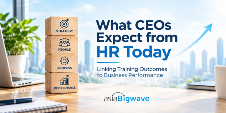 Asia Bigwave corporate banner on linking training outcomes to business performance, featuring strategy, people, process and performance.