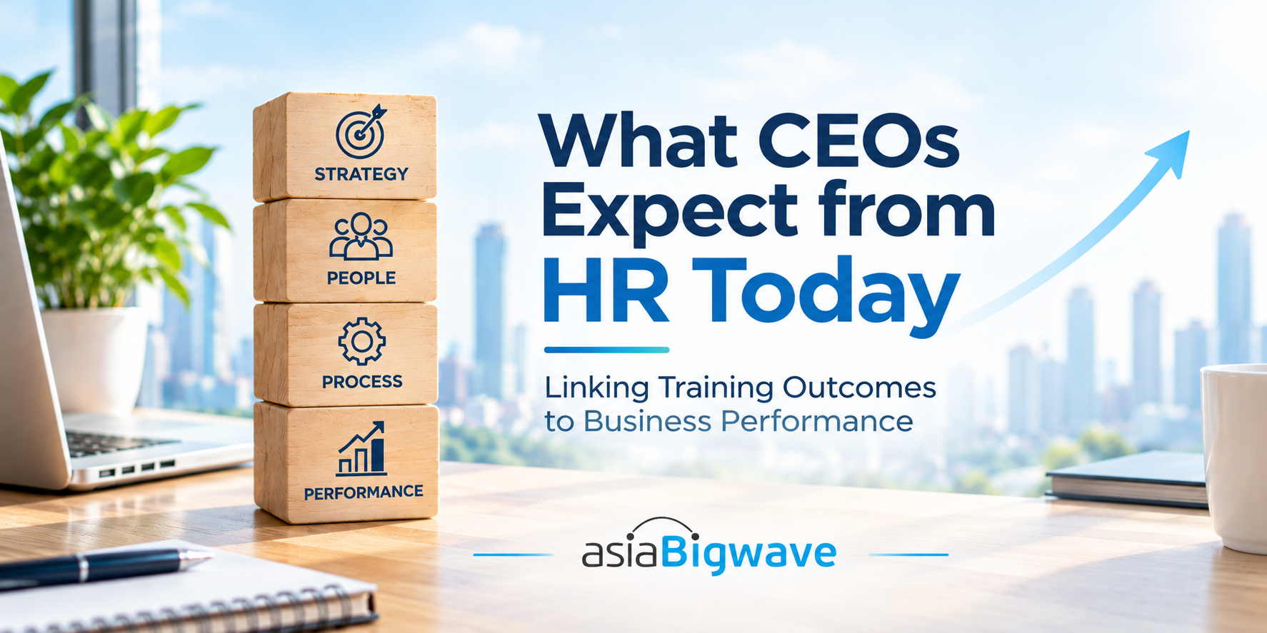 Asia Bigwave corporate banner on linking training outcomes to business performance, featuring strategy, people, process and performance.